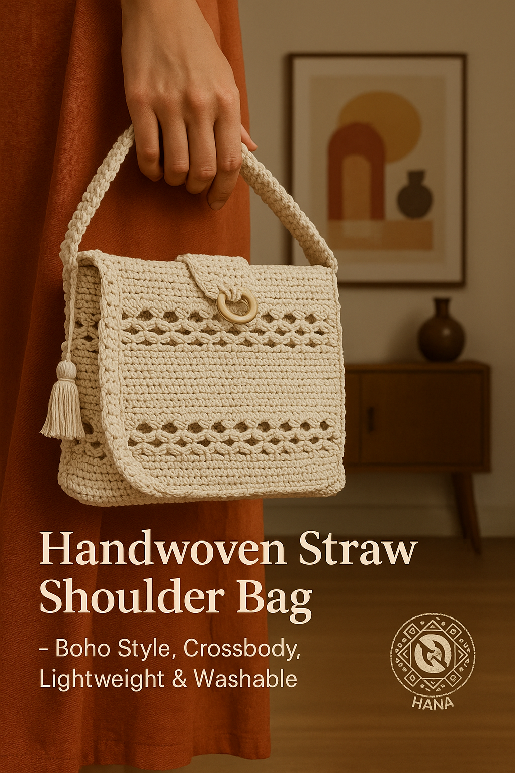 👜 Handwoven Straw Shoulder Bag – Boho Style, Crossbody, Lightweight & Washable | Hana GCC