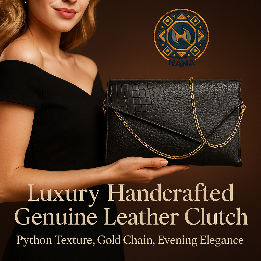 Luxury Handcrafted Genuine Leather Clutch – Python Texture, Gold Chain, Evening Elegance by Hana